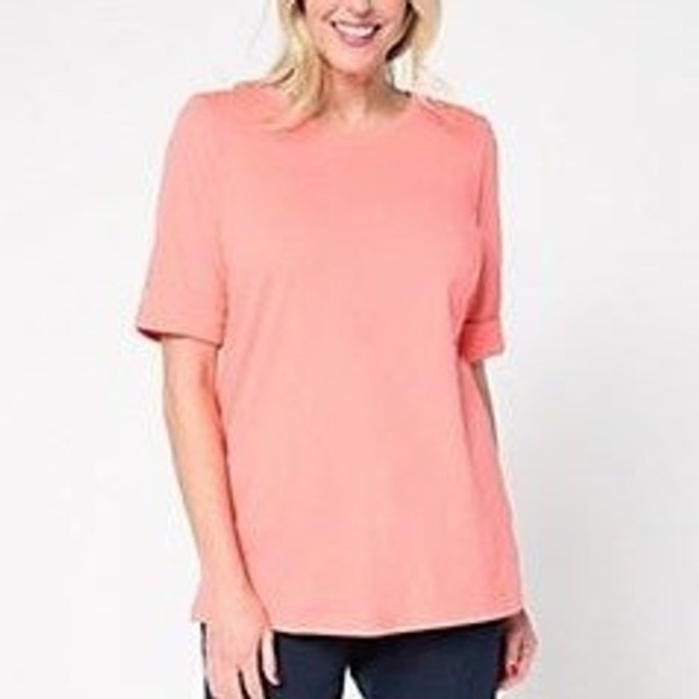 Denim & Co Essentials Petite True Cotton Roll Cuff Tunic Sunset Coral PS A709853